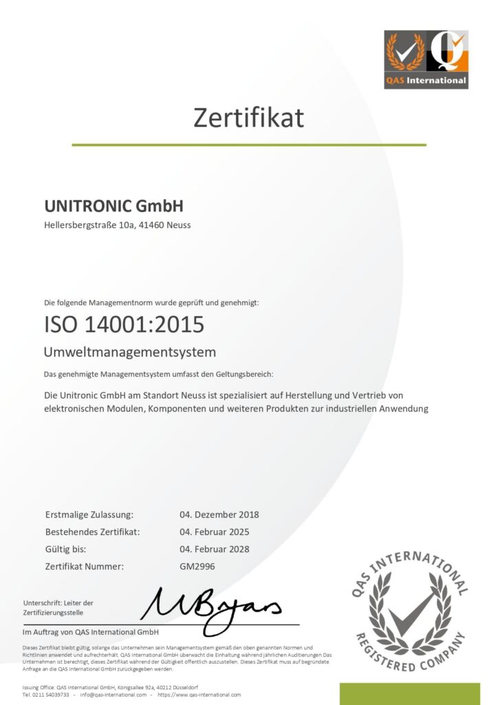 Unitronic GmbH ISO 9001-2015 Zertifikat gültig bis Juni 2028