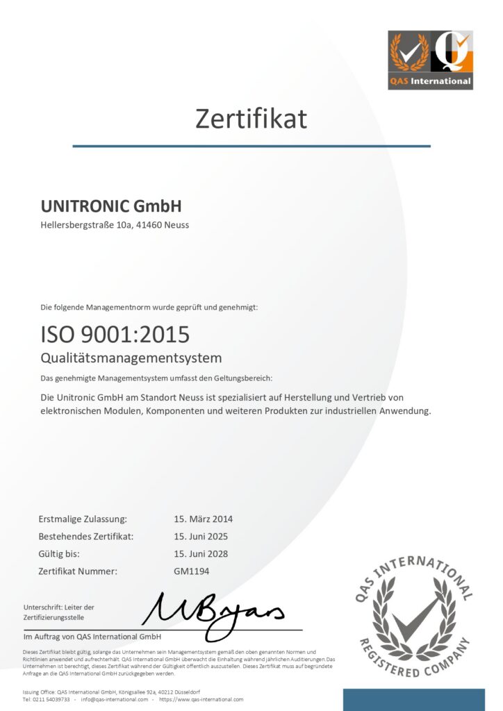 Unitronic GmbH ISO 9001-2015 Zertifikat gültig bis Juni 2028